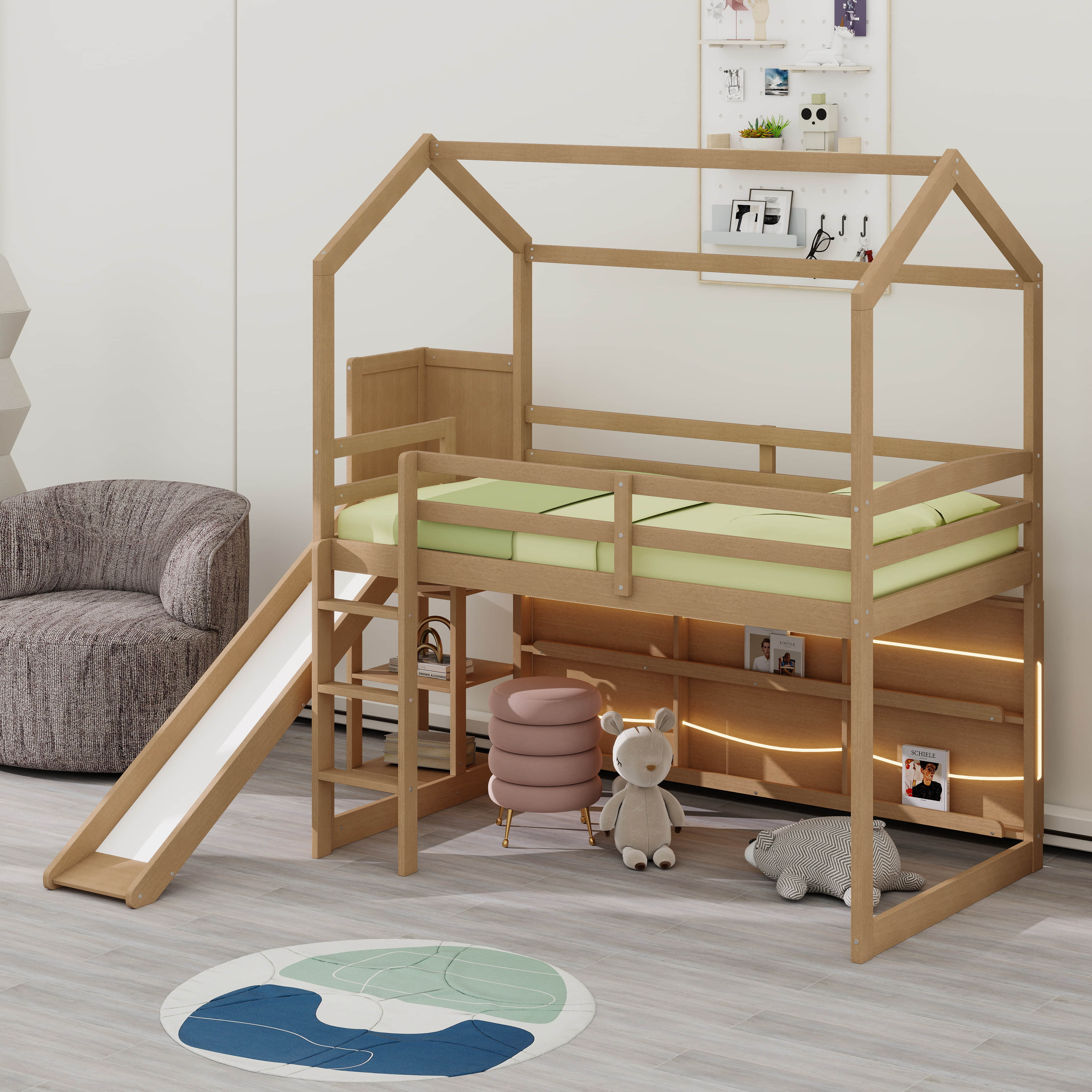 Harper Orchard House-Shaped Loft Beds Frame Full-Length Guardrail,Light ...