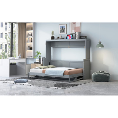 Lit escamotable gris double / grand avec rangement et matelas intégré