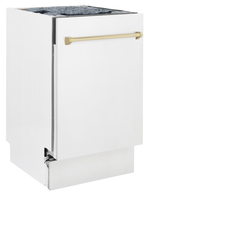 ZLINE Autograph Edition 18 in. Tallac Series Dishwasher in White Matte W/ Champagne Bronze Handle, 51dBa (DWVZ-WM-18-CB)