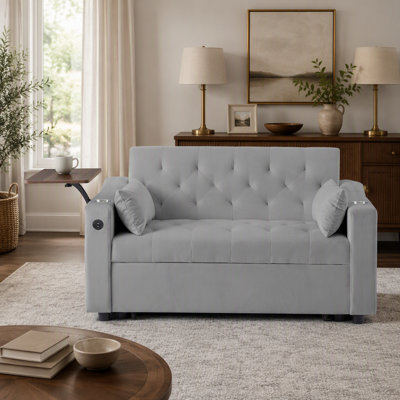 Grey Velvet Sleeper Sofa Bed with Side Table, Cup Holder, and USB Port for Modern Comfort and Convenience