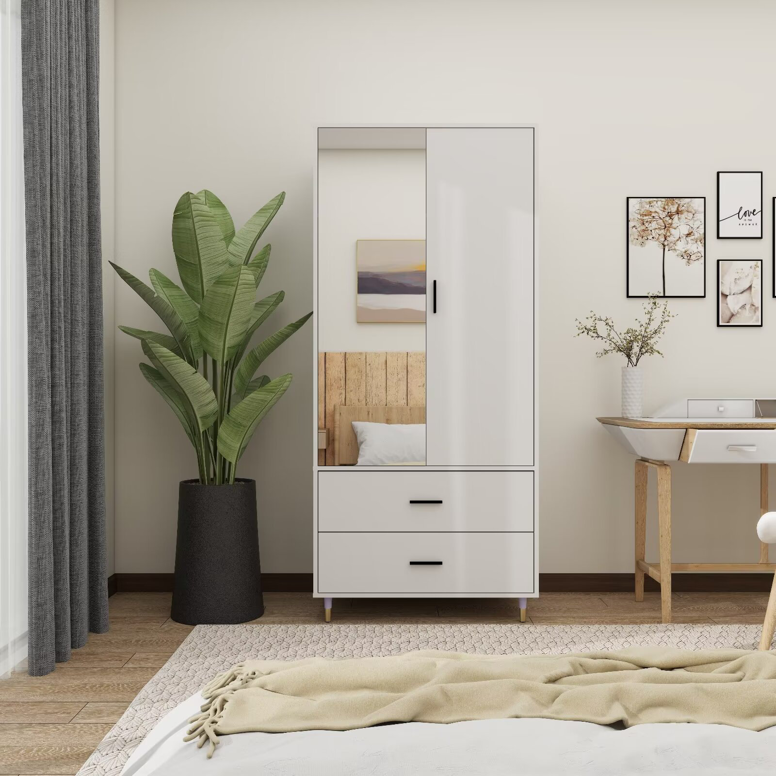 Ebern Designs Mirrored White Manufactured Wooden 2door Armoire Wardrobe Closet Wayfair