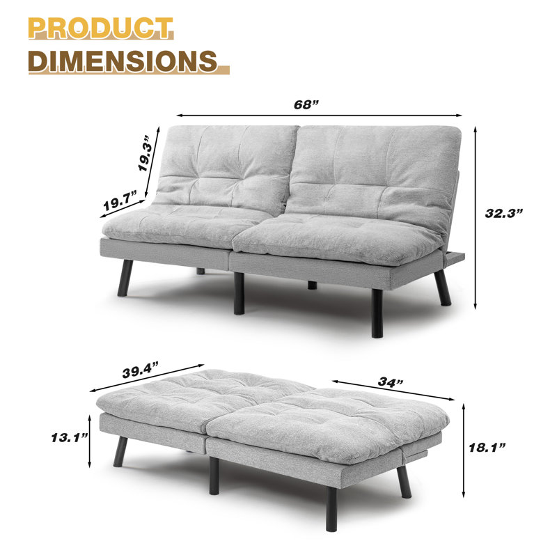 Isaul 68'' Upholstered Biscuit Back Convertible Sofa, Light Gray