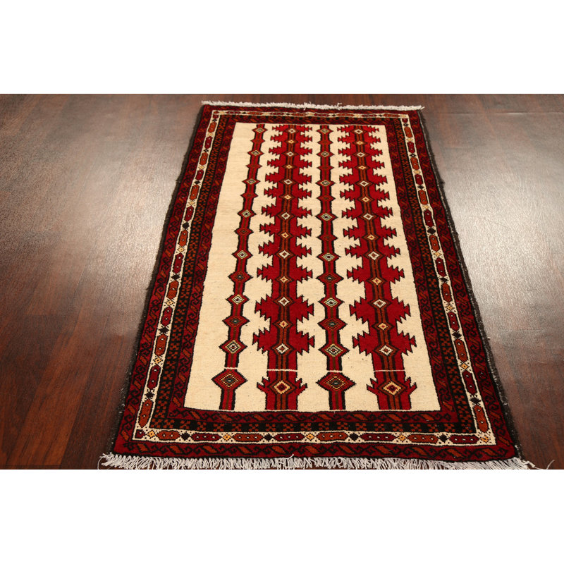 Tapis de zone en laine ivoire/rouge 3 pi 3 po x 5 pi 9 po one-of-kind à la main-noué la new age balouch Maratea