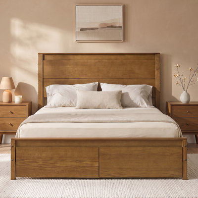 Solid Wood Queen Size Bed Frame with Headboard, Platform Bed frame Queen Size with 2 Storage Drawers, Wooden Slats, No Box Spring Needed, Noise Free