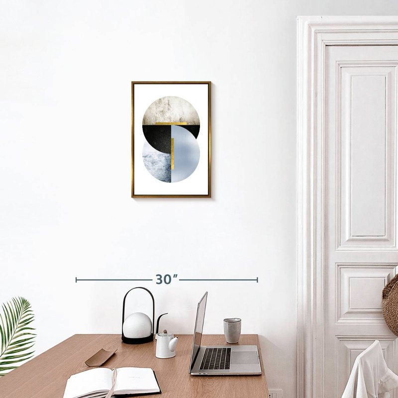 Bleu, beige, noir, géo, Cadre flottant doré, 13 po x 19 po