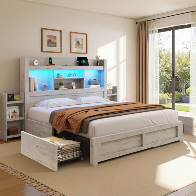 Structure de lit double avec 4 tiroirs de rangement Sherell, blanc