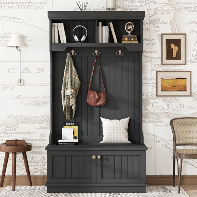 Arbre d'entrée multifonctionnel avec banc à chaussures de rangement et portemanteaux, design 4 en 1 pour entrée et couloir, noir