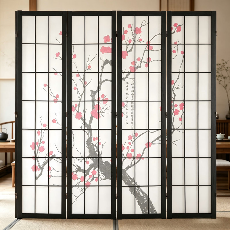 Paravent en bois à 4 panneaux de style japonais - Paravent et bouclier d'intimité - Cloison décorative polyvalente pour les chambres à coucher, les salles à manger et les bureaux