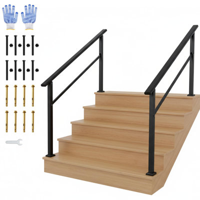 2 pieces Adjustable Outdoor Handrail for 5 Steps – Weatherproof Non-Slip Garden Grab Rail with Installation Kit, Safety Support for Elderly on Exterior Stairs, matte black