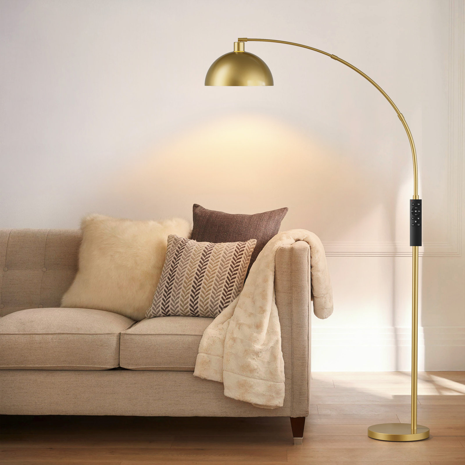 Emersynn 78.7'' Arched/Arc Floor Lamp with Remote Control, LED Bulb Included, and Metal Shade, Gold