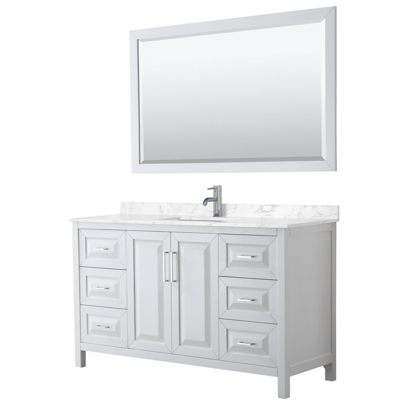 Daria 60'' W Single Vanity, Dark Blue, Brushed Gold, White Carrara Marble