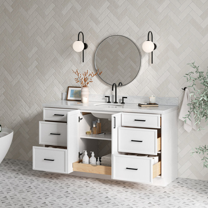 Meuble-lavabo simple 49 po avec plateau en marbre de Carrare italien ARIEL Kelly, Blanc, 67"