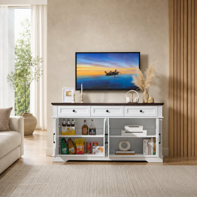 Buffet blanc 63 "avec 4 portes et 3 tiroirs, armoire de rangement de style campagne moderne, armoire à café avec tablettes réglables, rangement dans le salon, salle à manger