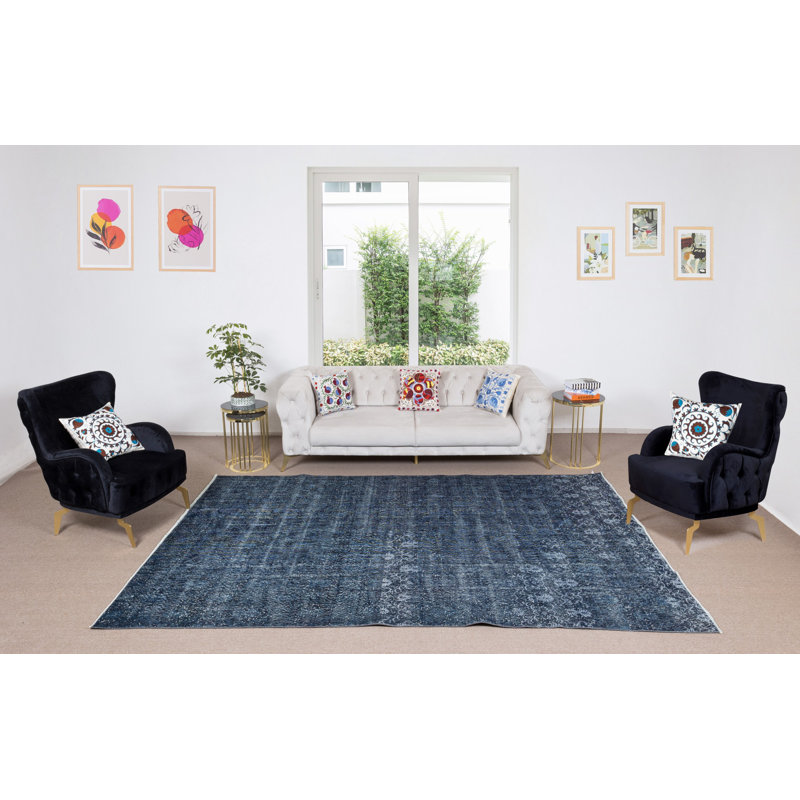 Tapis turc fait à la main de 7 x 11 pi de couleur bleu marine pour des intérieurs modernes