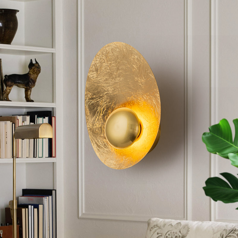 Hand Applied Gold Leaf LED Wall Sconce, 7W Dimmable 3000K Warm Light, Modern Luxury Oval Shell Design, Hardwired Decorative Lighting For Living Room Bedroom Bathroom, UL Listed