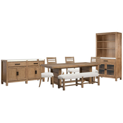 Table de salle à manger extensible à tréteaux avec 4 chaises d'appoint et une vitrine