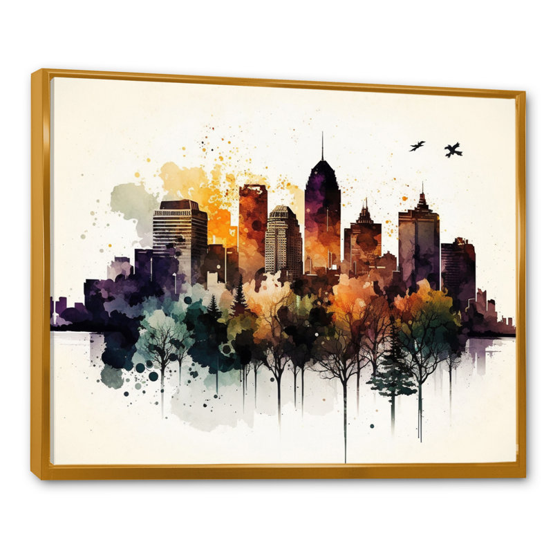 Montréal en automne I - reproduction sur toile, H 30 po x l 40 po x P 1,5 po, Toile avec cadre flottant or