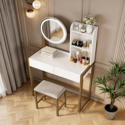 Petit ensemble de coiffeuse avec miroir lumineux et prise de courant