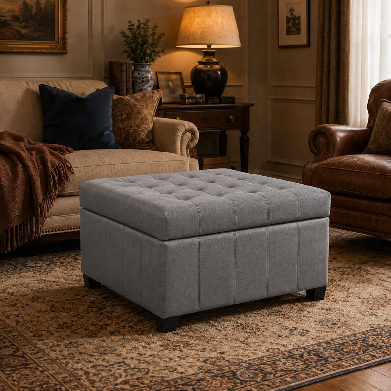 Tabouret de rangement multi-fonctions à coussins matelassés, Gris foncé