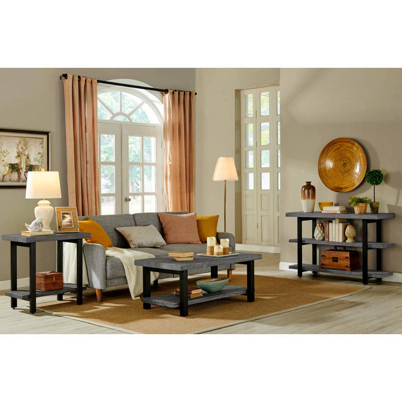Console média de 48 po avec structure en bois massif et en métal et deux tablettes de style industriel rustique Rundell