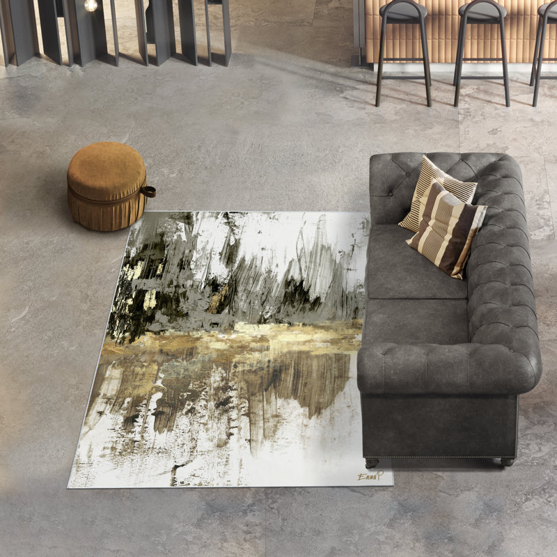 Gray and Gold Abstract Art Washable Polyester Area Rug 5' x 7'