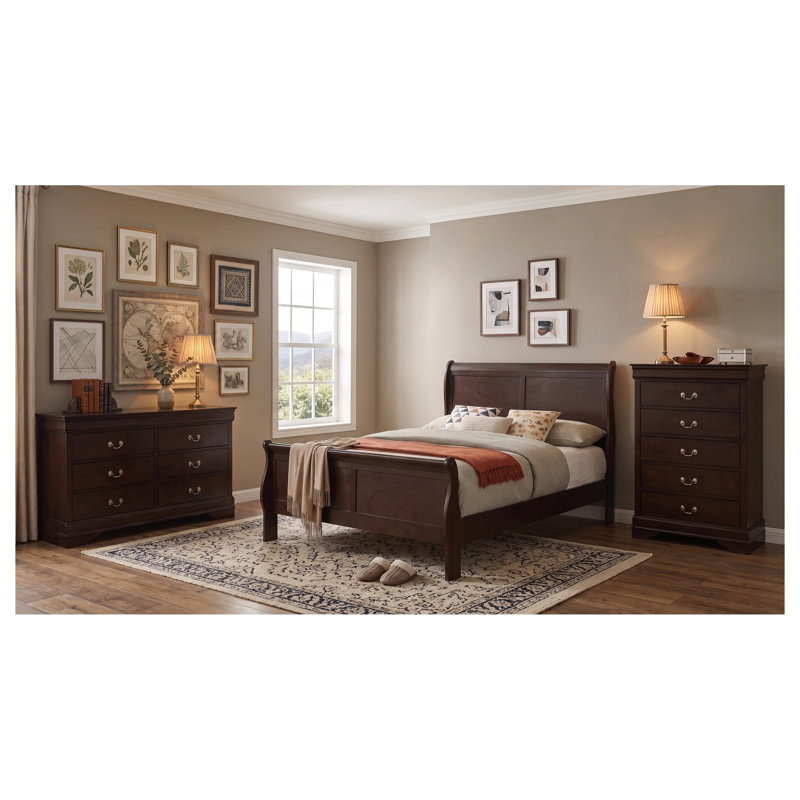 Ensemble de chambre à coucher 3 pièces Henri Charles Cappuccino comprenant un lit traîneau, une commode et une commode haute.