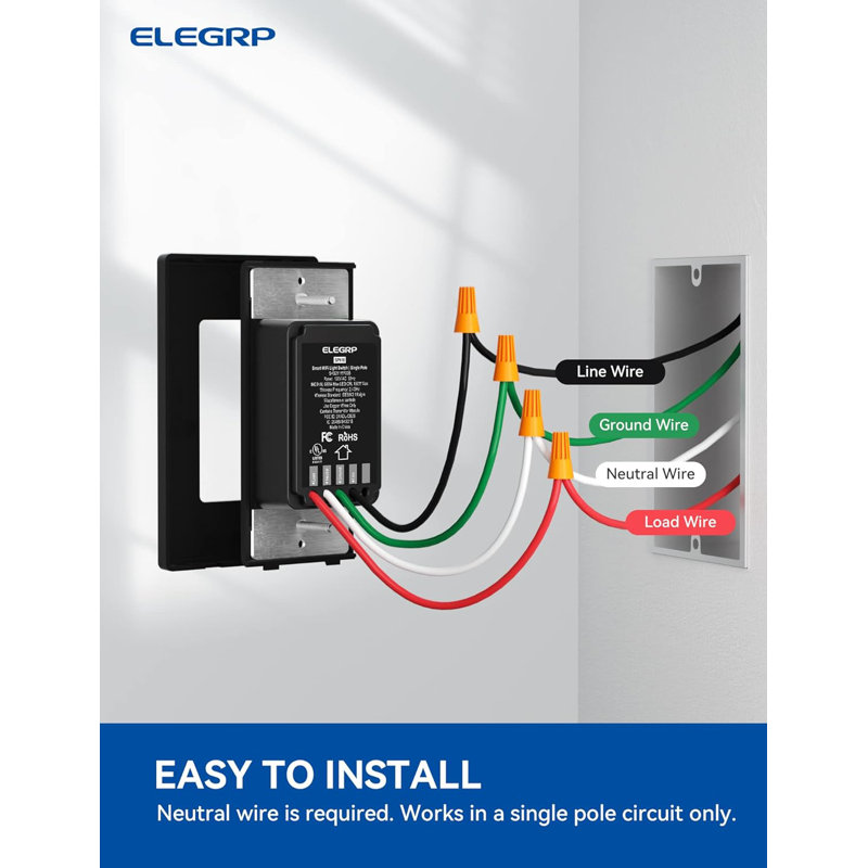 Interrupteur intelligent ELEGRP unipolaire, interrupteur Wi-Fi 2,4 Ghz compatible avec Alexa et l'assistant Google, fil neutre requis, contrôle APP, certifié UL, 1 PC