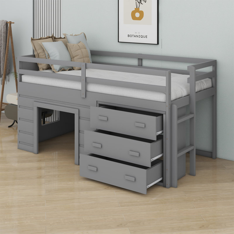 Lit mezzanine avec tiroirs et tablette, Gris