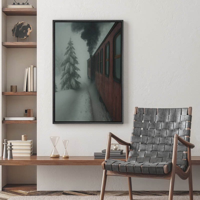 «Red Train Passing Through Snowy Winter Forest», reproduction d'art sur toile encadrée dans la chambre principale, Noir
