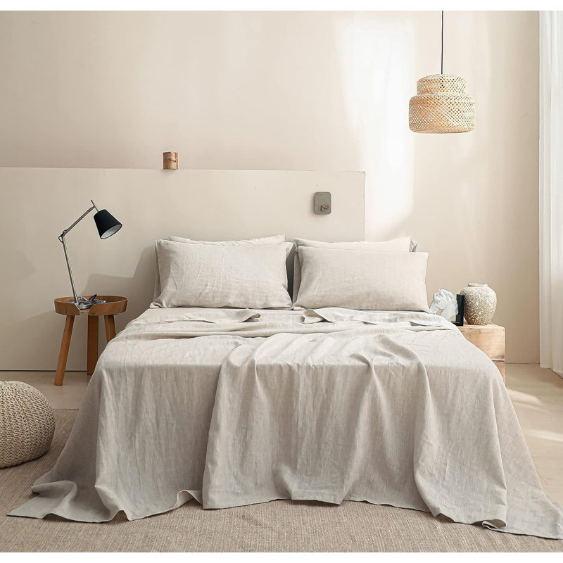 Ensemble de draps 100% lin, 6 pièces de draps en lin naturel français, Grand 1 drap plat 1 drap-housse 4 taies d'oreiller