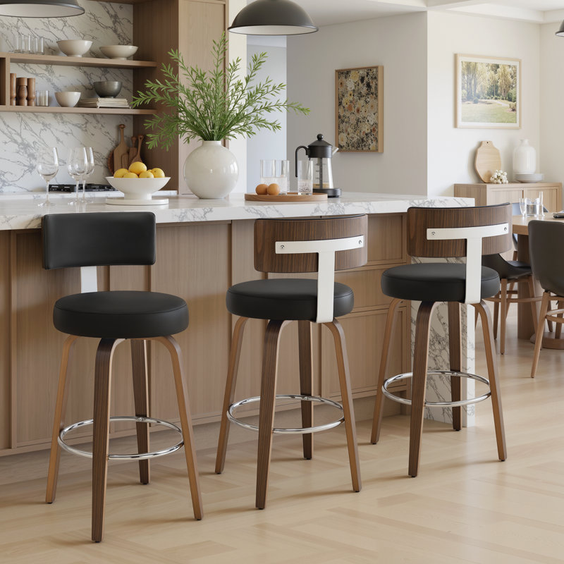 2PCS Swivel Bar Stools, Faux Leather Kitchen Stools Upholstered Barstools With Back, Black
