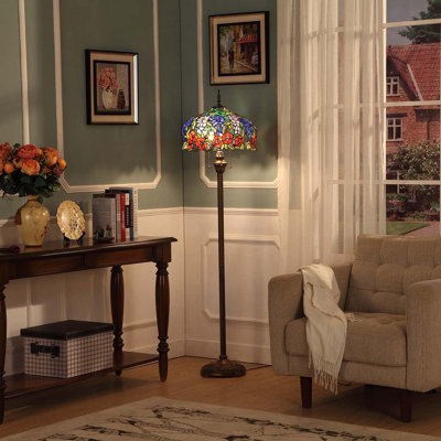 Lampe sur pied en vitrail de style Tiffany avec des fleurs de glycine et de roses fabriquées à la main, abat-jour large de 16 pouces, hauteur de 63 pouces