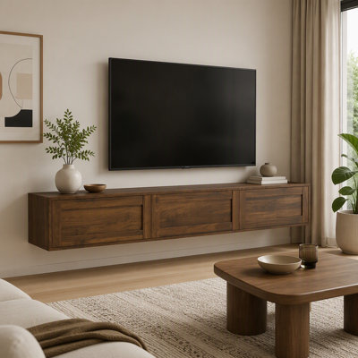 Meuble télé brun flottant ultrabrillant, mural avec lumière ambiante à DEL et prise de courant, armoire de rangement pour le salon