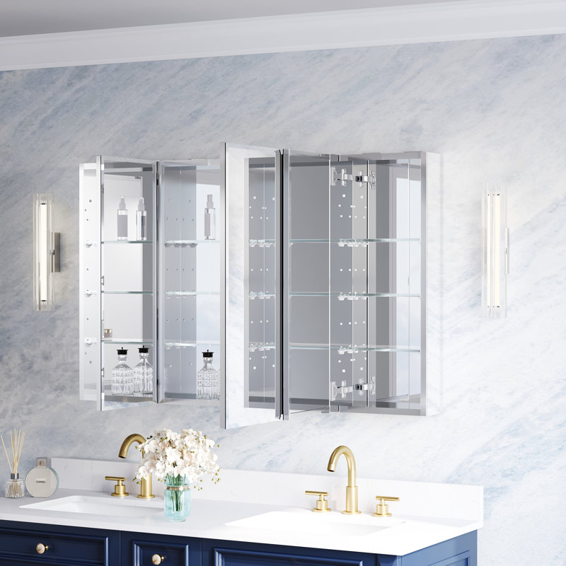 Ensemble miroir de salle de bain encastré ou en saillie de 48 po L x 30 po H avec armoire à pharmacie biseautée et étagères en verre réglables