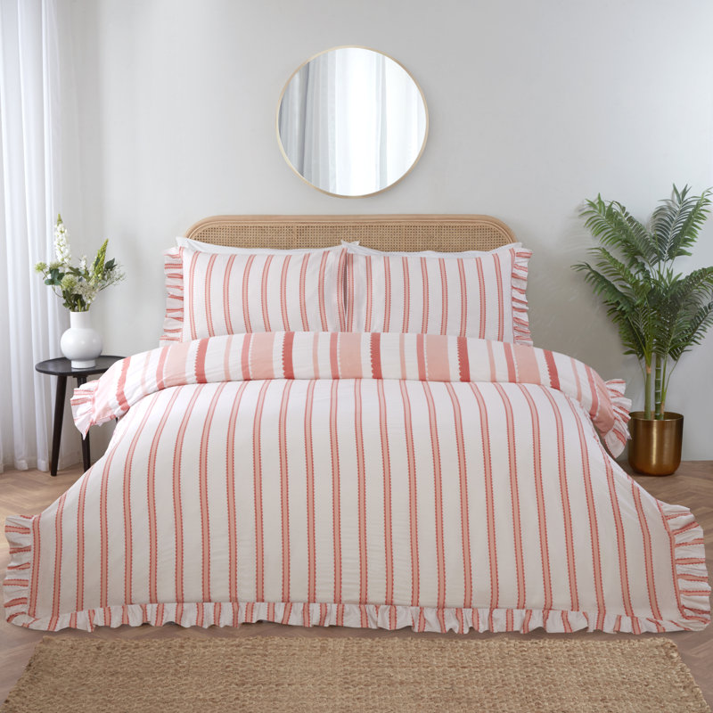 Maya Frilled Cotton Blend Striped Duvet Cover Set, Double, Pink