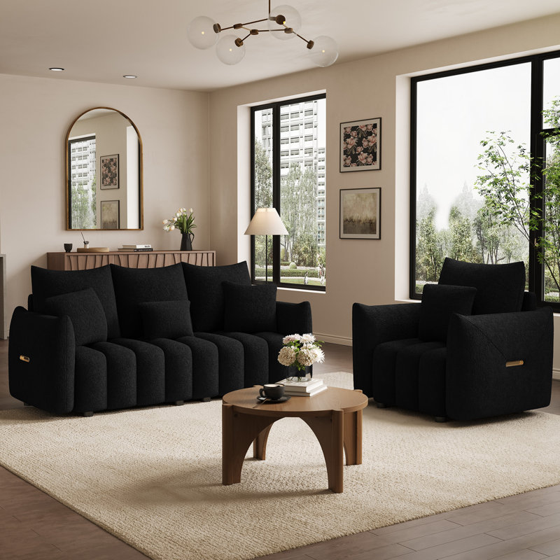 Ensemble de salon moderne 3 pièces, 3 Pcs: Chair, Table, Sofa, Black