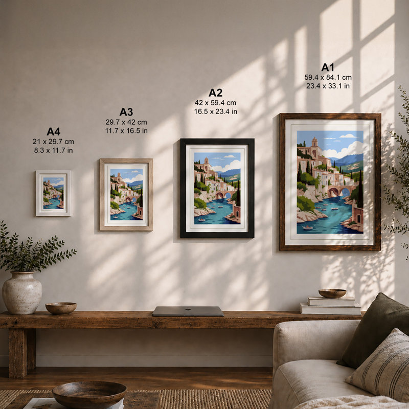 Mediterranean Village Light Coastal - Framed Print, A2 - 59.4 x 42.0 cm, Walnut