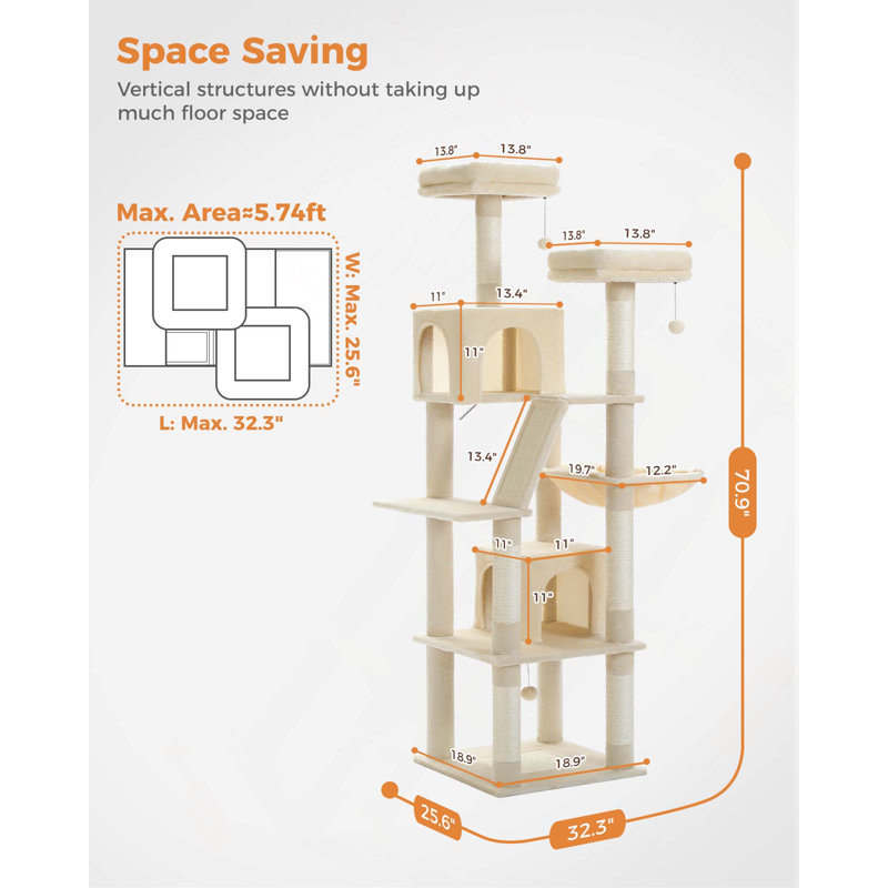 Arbre à chat multi-niveaux avec 2 perchoirs, 2 condos, hamac et 2 pompons pour gratter et jouer, Beige