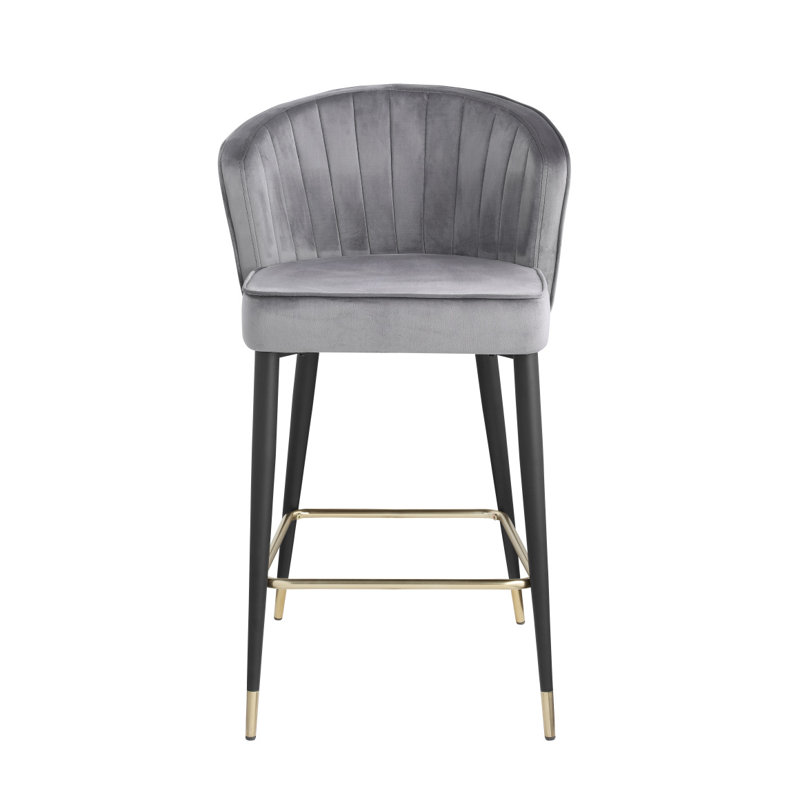 Tabouret à hauteur de comptoir contemporain en velours avec capitonnage à rainures profondes et pieds en métal, Gris