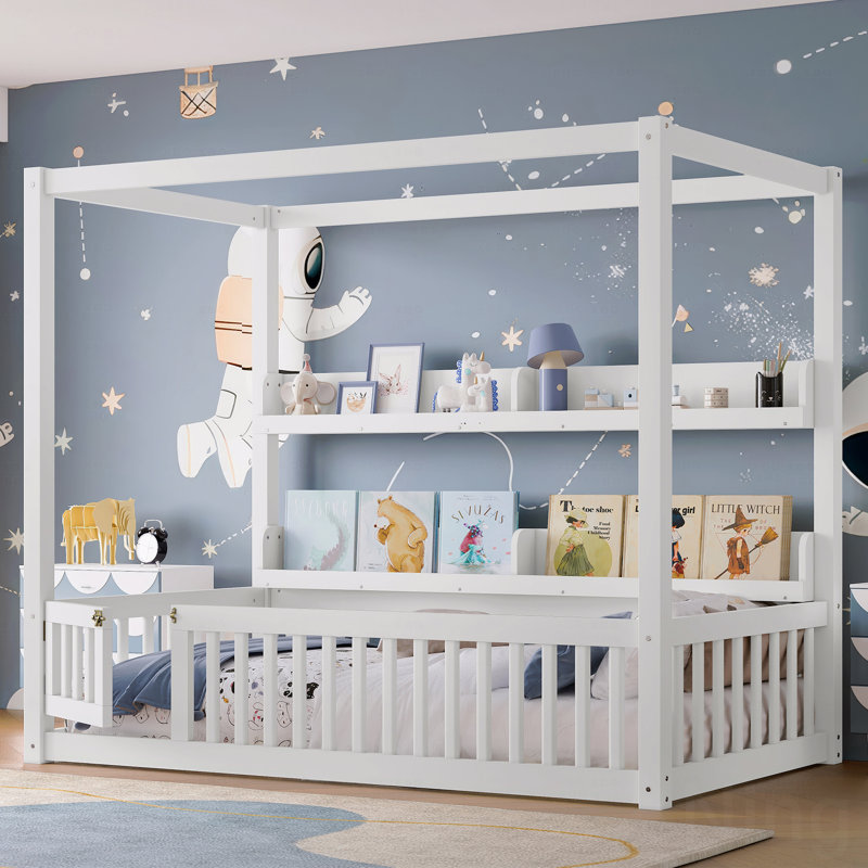 Twin Size Canopy Bed Frame With Guardrails, Solid Wood Materialen Frame Material Floor Bed Frame With Shelves, Montessori Floor Bed Frame For Kids Room Use, Boys, Girls