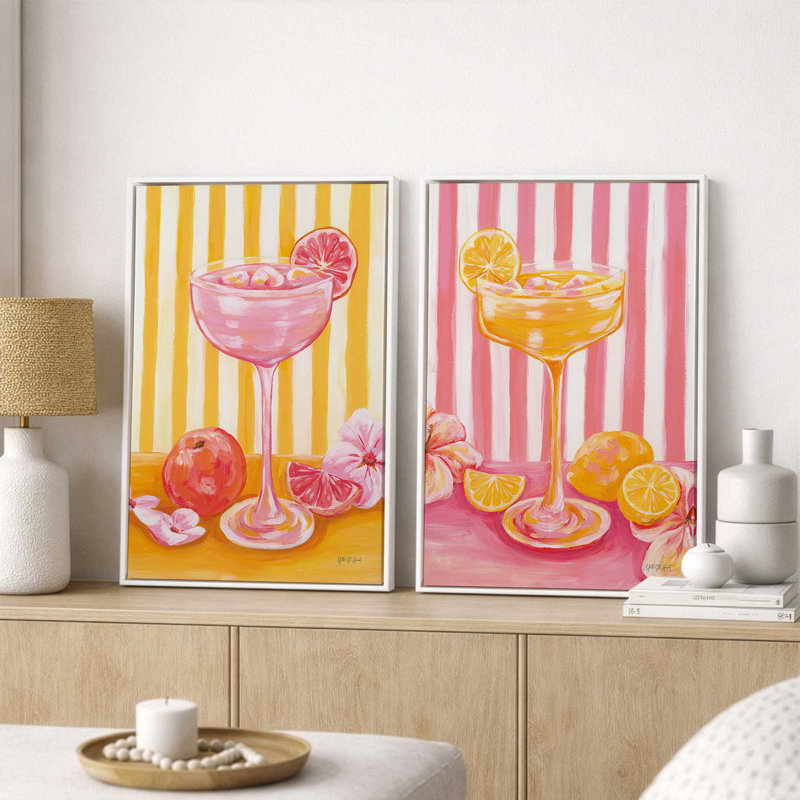 «Pink Drink Energy», ensemble de 2 impressions, 48 po x 32 po, Toile avec cadre, Noir satiné