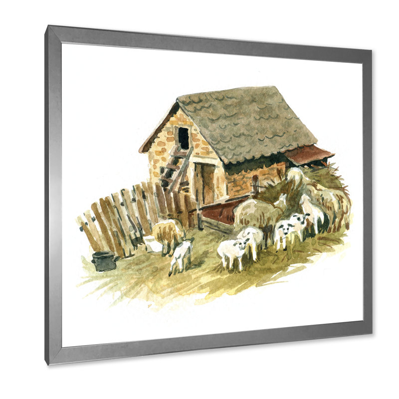 Vieille ferme avec moutons - Peinture sur toile, H 36 po x l 36 po, Cadre photo argenté