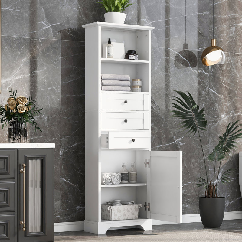 Grande armoire de salle de bain blanche, armoire de rangement autoportante avec 3 tiroirs et tablette réglable, panneau de fibres à densité moyenne avec finition peinte