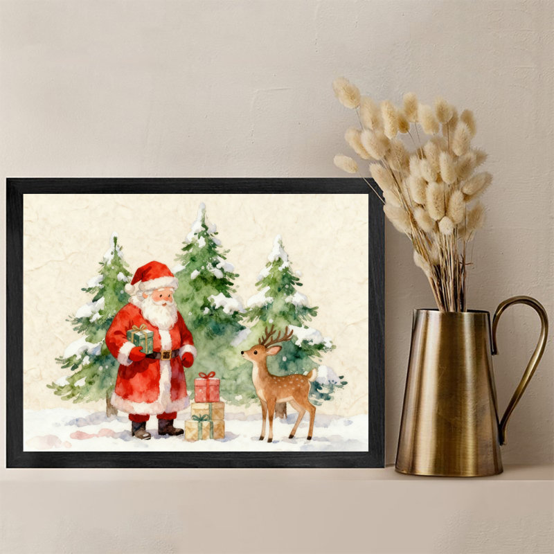 Reproduction d'art encadré noir, père Noël et renne, H 13 po x l 17 po