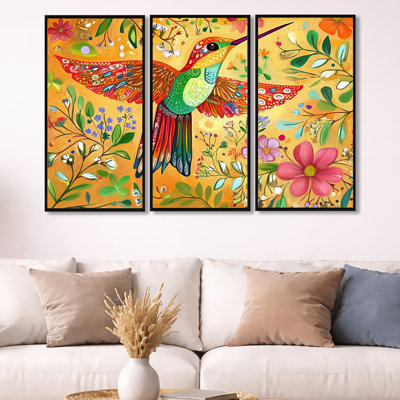 Hummingbird of Mexican Bloom I - Folk 3 Piece Canvas Print