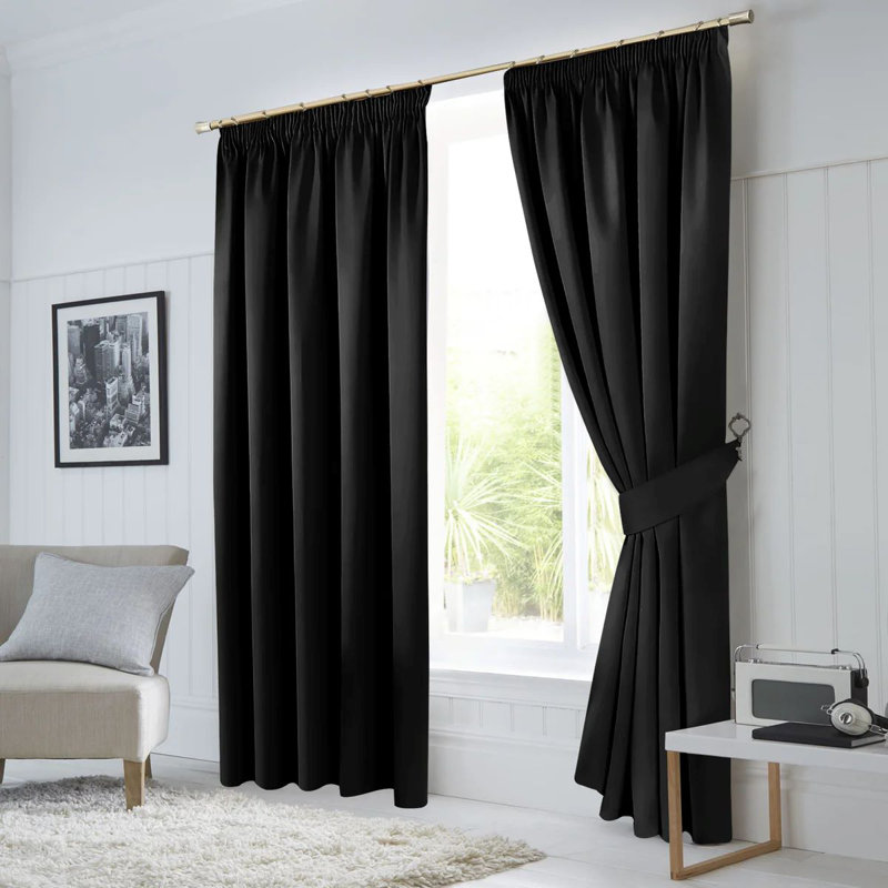 260 GSM Blackout Pencil Pleated Thermal Curtain (Set Of 2), Black, 228cm Width x 228cm Drop