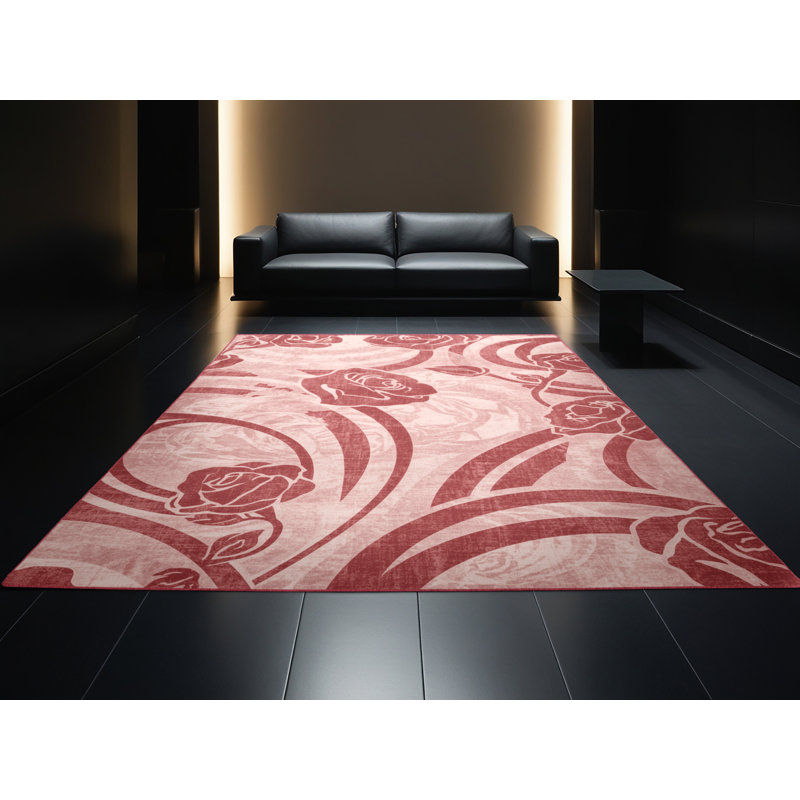 Soft Plush Faye Valentines Modern & Contemporary Abstract Area Rug in Red – Rose Binding, 3x5