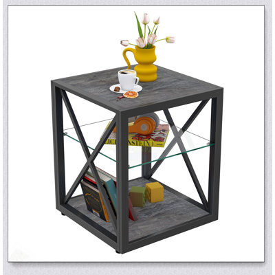 Table de chevet moderne avec verre trempé et grain de bois rustique, style industriel pour chambre à coucher et salon