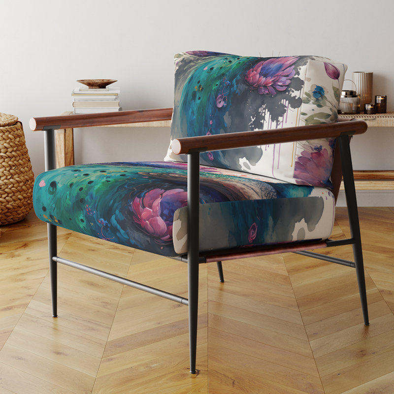 Cute Peacock Floral Art I - Upholstered Glam Arm Chair, Peacock Art Accent Chair, Black
