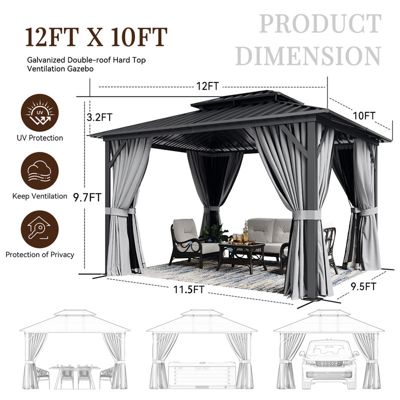Hardtop Gazebo 10x12 ft - Double Galvanized Steel Roof & Aluminum Frame 